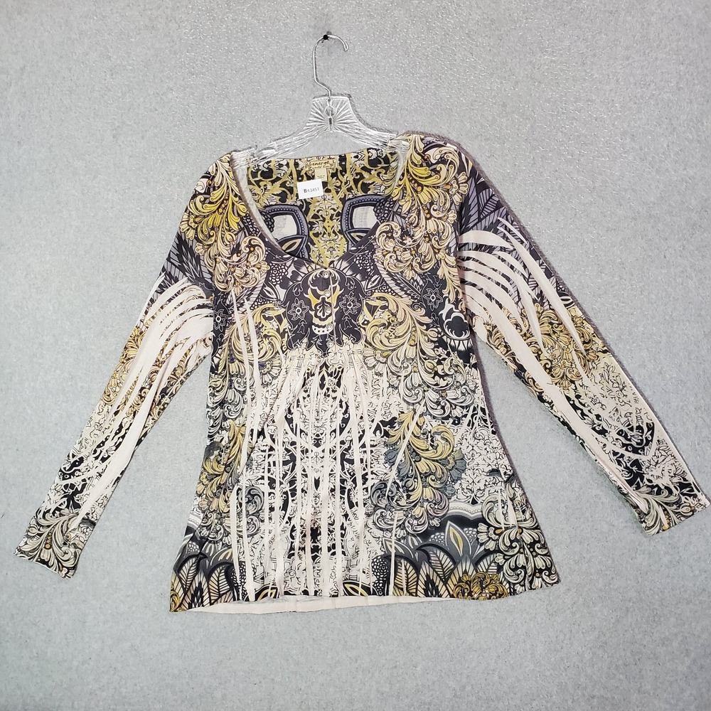 Energy World Wear Women Top Large Shirt Yellow Floral Studded Popover Paisley